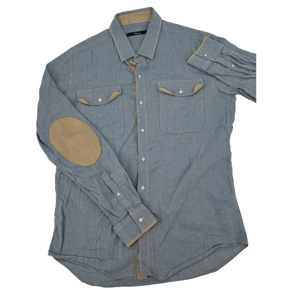 7 Diamonds Button Shirt Mens S Blue Linen Blend Elbow Patch‎ Cowboys & Angels